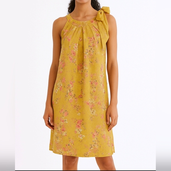 Bellambra Dress Gold 100% Italian Linen Floral Sleeveless Bow Knee Lengt… - Picture 1 of 12